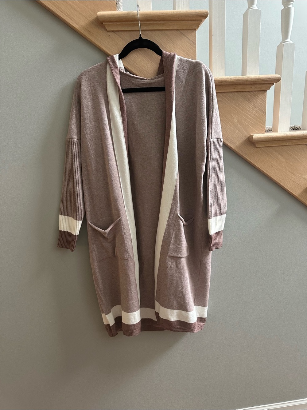 Women's Open-Front Hooded Cardigan Sweater - Dusty Rose/Cream/Brown